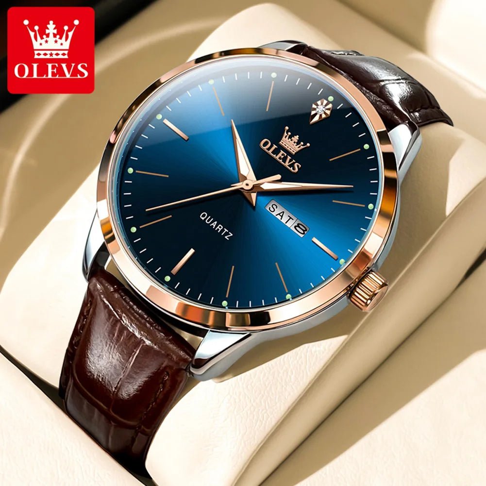 OLEVS Luxury Men's Quartz Watch with Leather Strap and Calendar