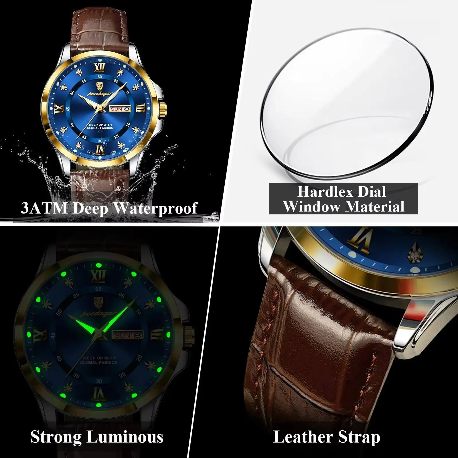 POEDAGAR 855 Men's Luxury Dual Calendar Waterproof Watch 5