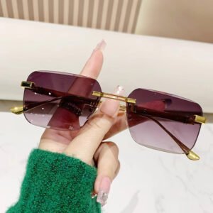 Wood Grain Temple Metal Rimless Sunglasses
